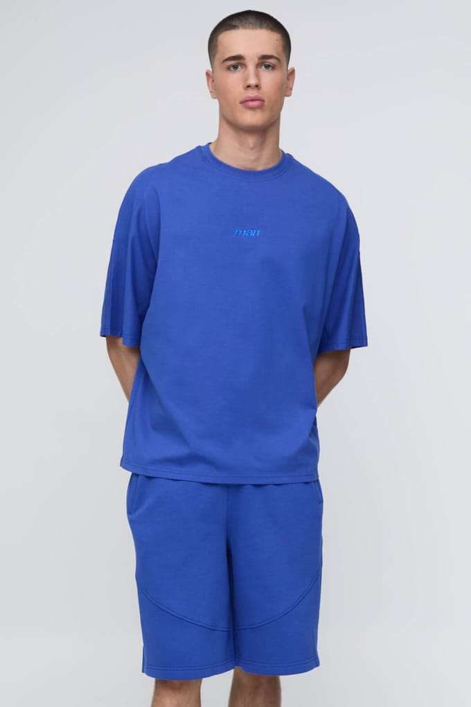 Oversized Panelled Man Embroidered T-Shirt and Short Set | Cobalt | Size Medium