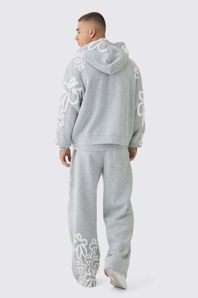 Oversized Boxy Floral Puff Print Zip Through Tracksuit | Grey Marl | Size Medium