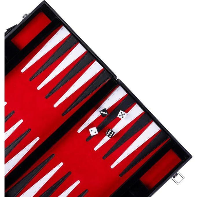 Backgammon 15 inch - Rood, Zwart & Wit Gestikt Bord - Kunstlederen Koffer met Handvat - Engelhart