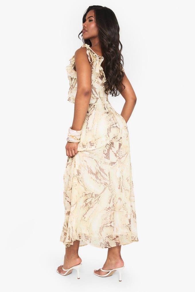 boohoo Dames Snake Chiffon Ruffle Maxi-jurk | Slangenprint | Maat: 38