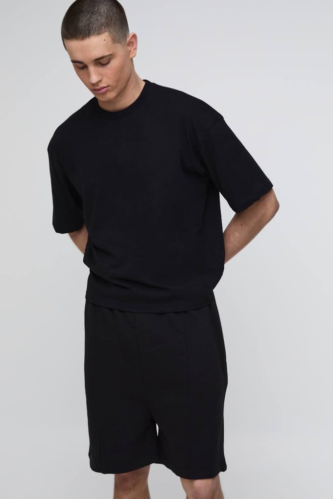 Oversized Boxy T-Shirt & Drop Crotch Shorts Set | Black | Size Medium
