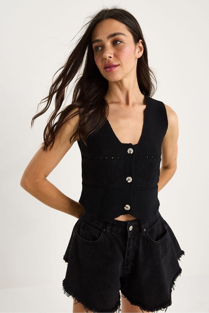 Getextureerde V-hals Knopen Sluiting Crop Sweater Vest