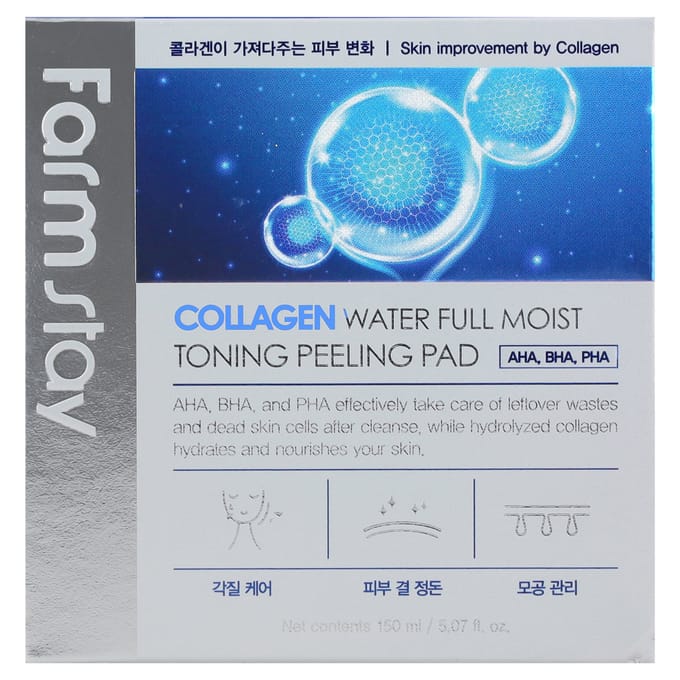 Farmstay, Collagen Waterful Moist Toning Peeling Pad, 70 sheets, 150ml (5.07fl oz) white