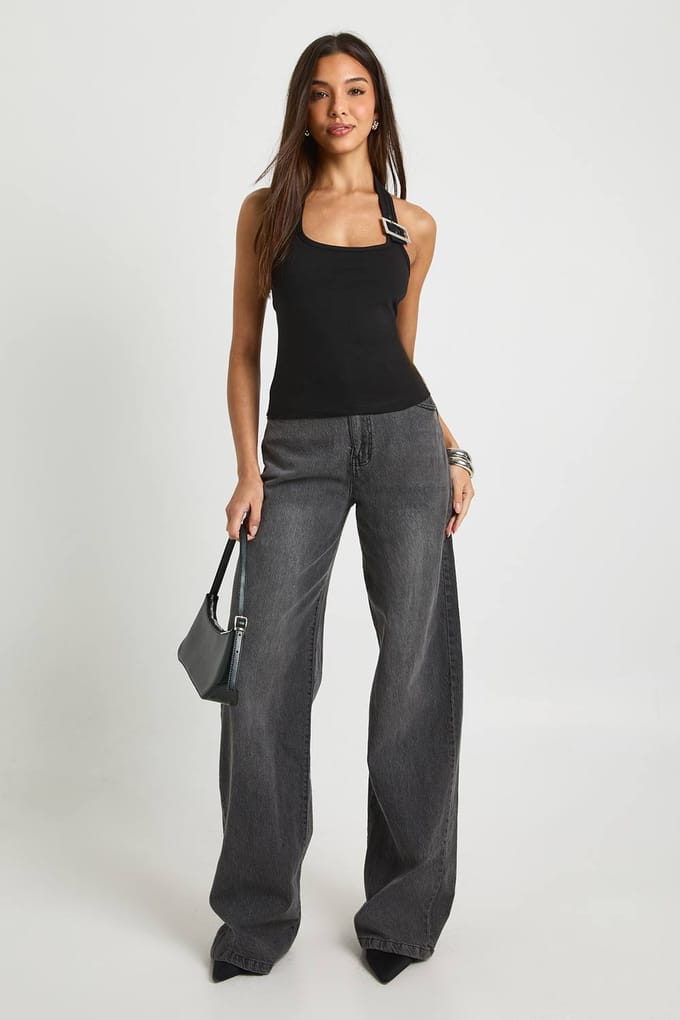 boohoo Dames Halterneckt top met gespaccenten | Black | Maat: 14