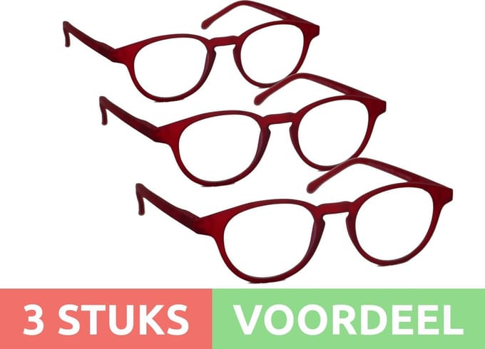 Computer bril - donkerrood rond sterkte +2.0 - 3 stuks - blauw licht filter - blue blocker leesbril
