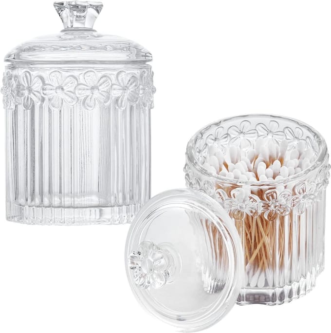 2pcs 10oz Glass Pharmacist Jars Set, Qtip Holders with Lids, Crystal Vanity Organizers, Makeup Storage Containers, Decorative Canisters for Home, Kitchen, Bathroom