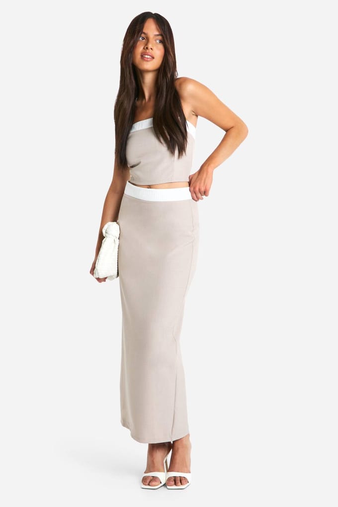 boohoo Dames Textured Linen Look Contrast Column Maxi Skirt | Taupe | Maat: 6