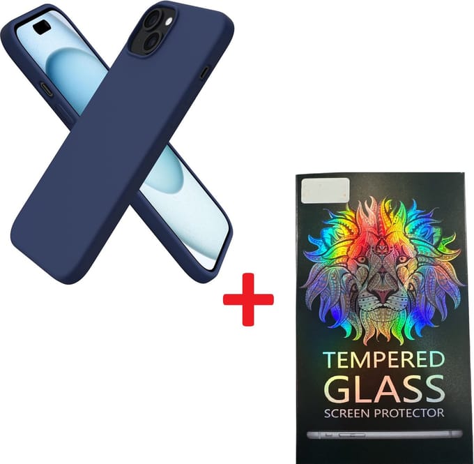 Solid hoesje Soft Touch Liquid Silicone + 1X Screenprotector Tempered Glass [Camera all-round bescherming] - Geschikt voor: iPhone 15 Plus - Middernachtblauw