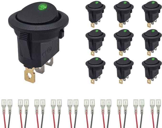 ProRide Wipschakelaar ON-OFF KCD2-12 - met Aansluitkabels - 3 pins - Rond - 12V/20A - LED indicator Groen - 10 stuks