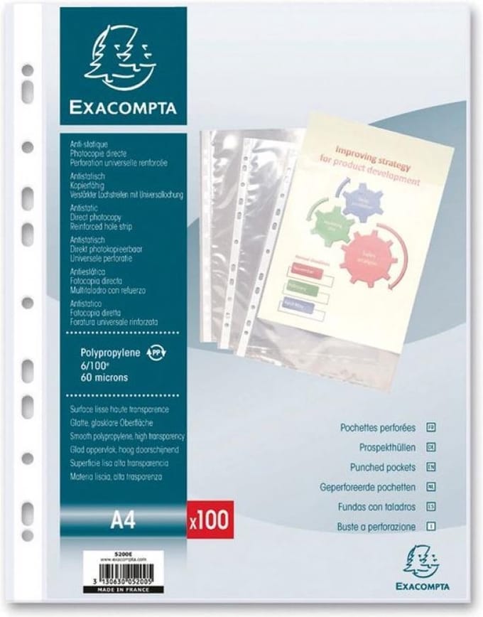 Exacompta Pak van 100 geperforeerde showatassen - gladde PP 6/100ste - A4 - Transparant - 5200E