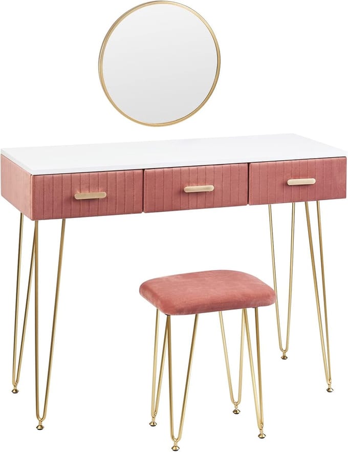 Moderne Make-uptafel met Spiegel en Kruk - Ruime Kaptafel met Laden in Roze