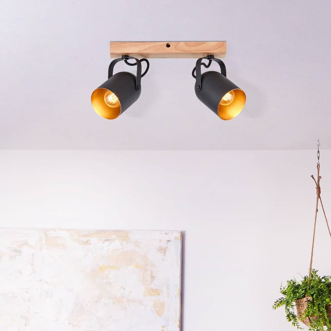 Brilliant Tronte plafondspot, lengte 37,5 cm, zwart/goud, 2-lamps.