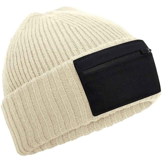 Beechfield Zip Patch muts (Zand/Zwart)