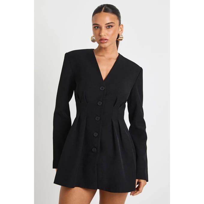 boohoo Dames Lange mouw kraagloze getailleerde mini-jurk | Zwart | Maat: 36