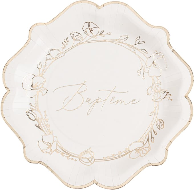 ARTYFETES - 8 kartonnen borden doop 23 cm gouden bloemen