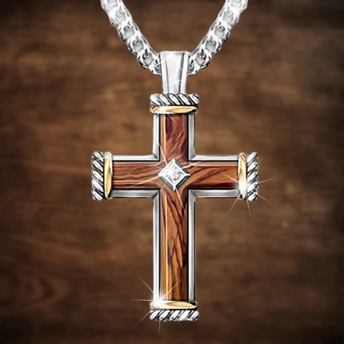 Ketting met kruisje zilverkleur houtnerf.