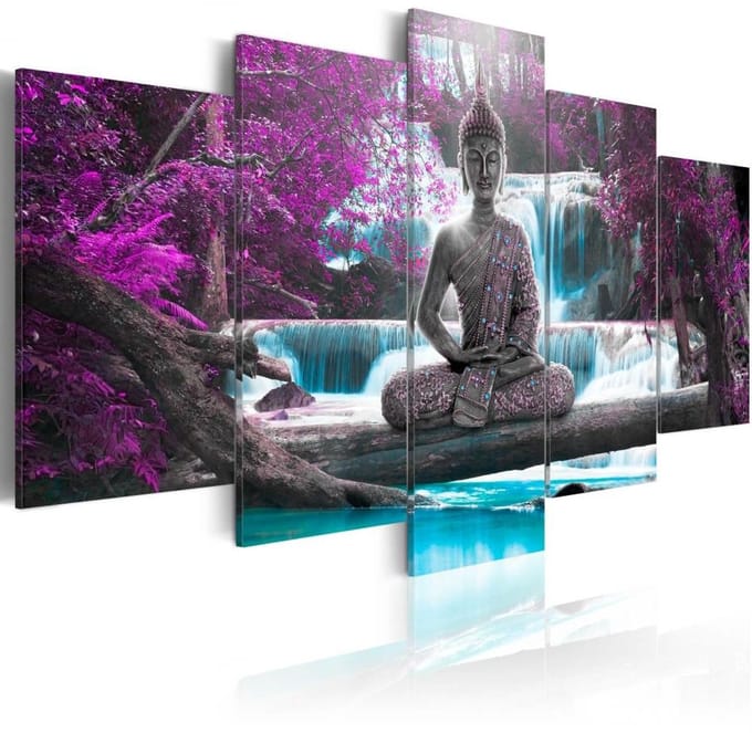 Schilderij - Waterval en Boeddha , 5 luik