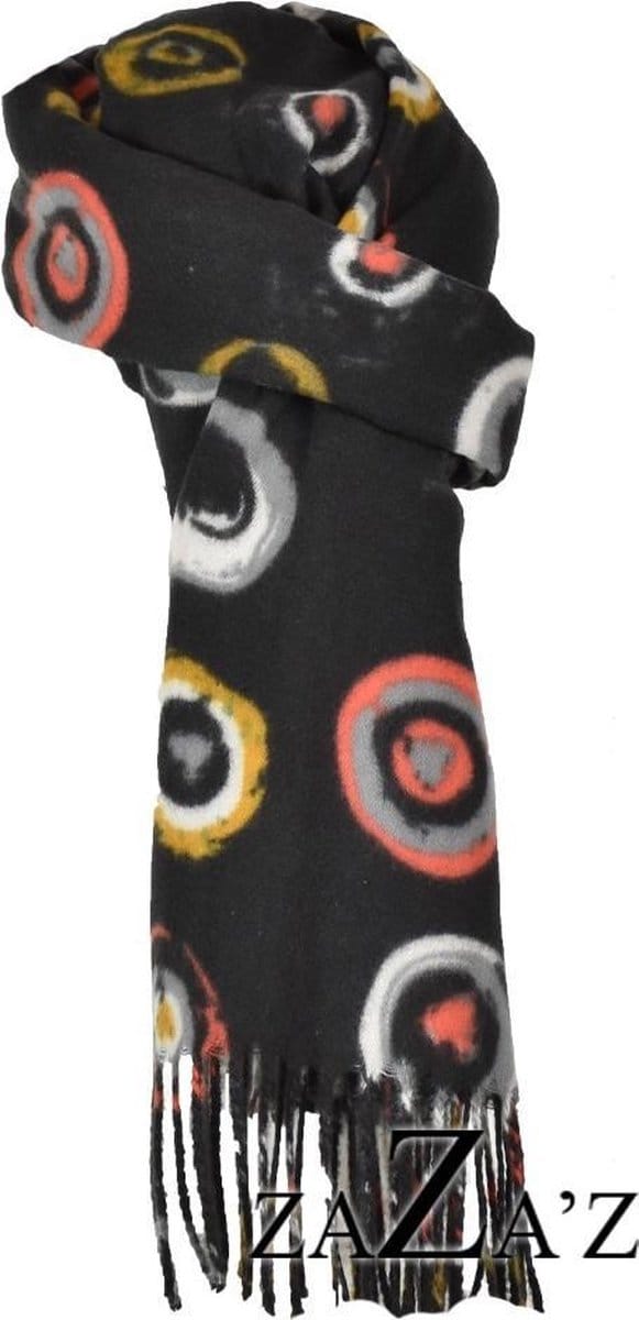 Zwarte sjaal - gekleurde cirkels- 100% Viscose -natuurlijk materiaal- langwerpig