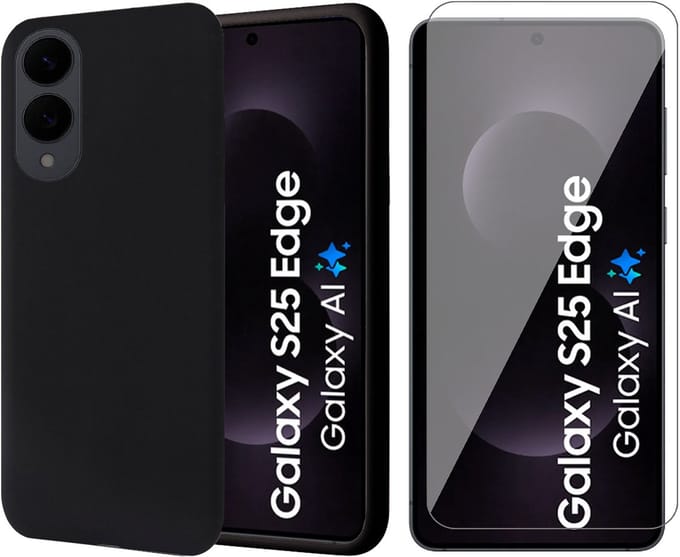 Hoesje geschikt voor Samsung Galaxy S25 Edge - Screenprotector Glas - Mat Back Case Zwart