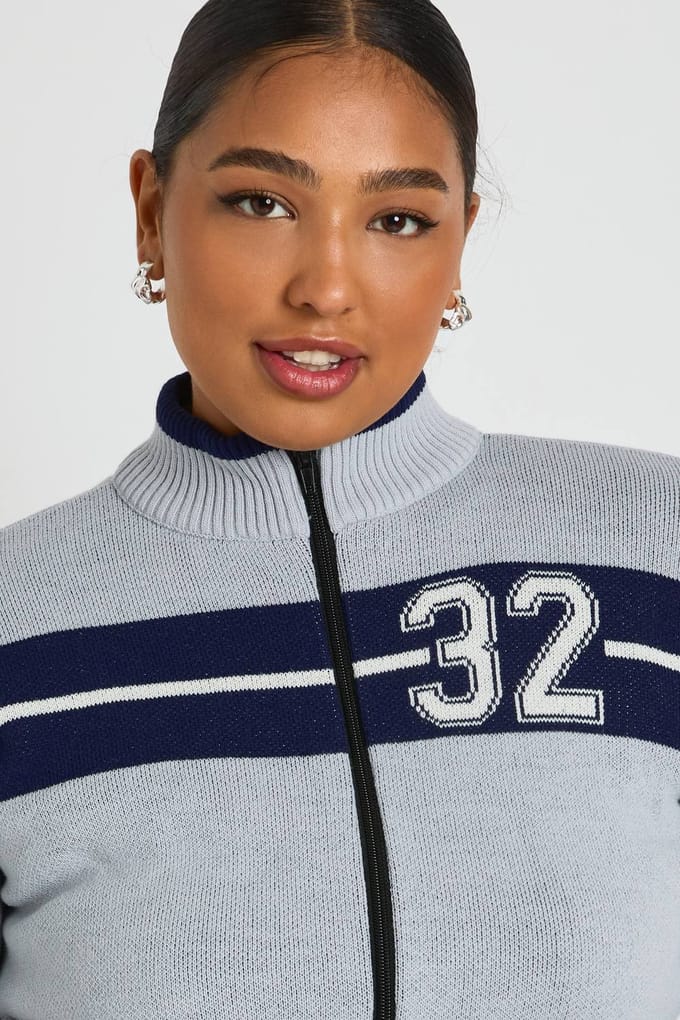 boohoo Dames Plus Varsity Zip-Front Cardigan | Grey | Maat: 20-22