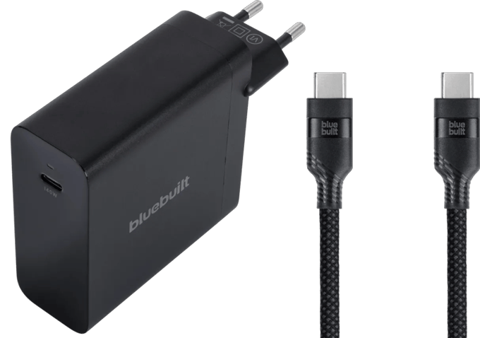 BlueBuilt 140W GaN Usb C Oplader Zwart + Usb C Kabel 240W 2m Nylon Zwart