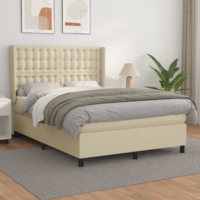 vidaXL - Boxspring - met - matras - kunstleer - crèmekleurig - 140x190 - cm