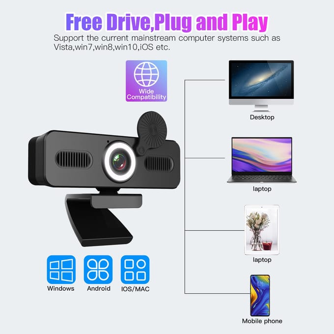 Webcam HD 2160P avec Microphone, caméra Web USB, grand Angle de 120 degrés avec 1080P