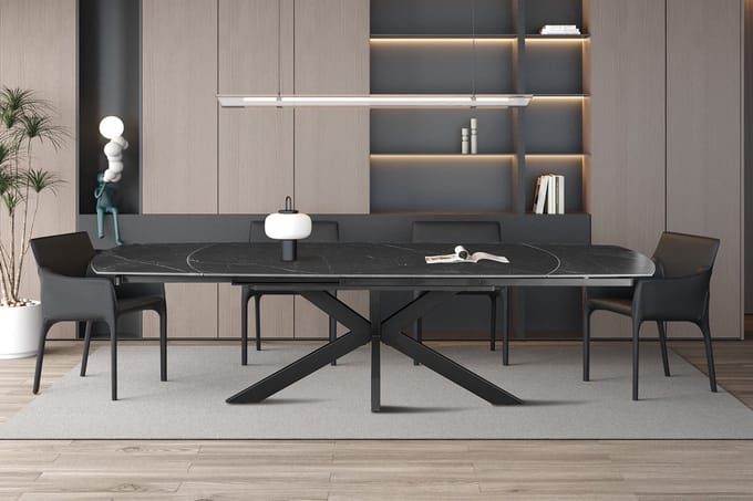 Rousseau - Eettafel Ares – 160-200 x 90 x 76 cm – Zwart marmerdecor – Verlengbaar met draaimechanisme