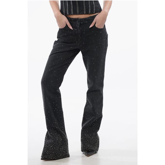 Low Rise BLING Flared Fit Denims met All-Over Strass-steentjes 2 in Zwart