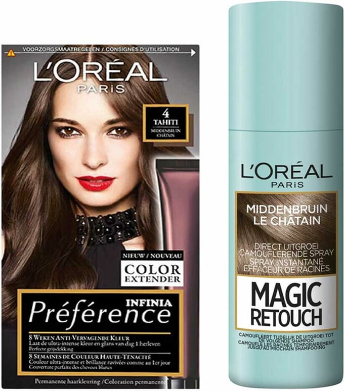 L'Oréal Preference Haarkleuring 04 Tahiti - Middenbruin + Magic Retouch Uitgroeispray Middenbruin 75 ml Pakket