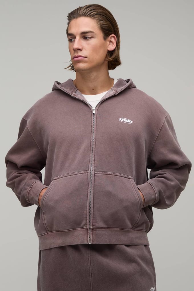 Oversized Heren Sport Washed Ritssluiting Hoodie | Washed Chocolate | Size XS