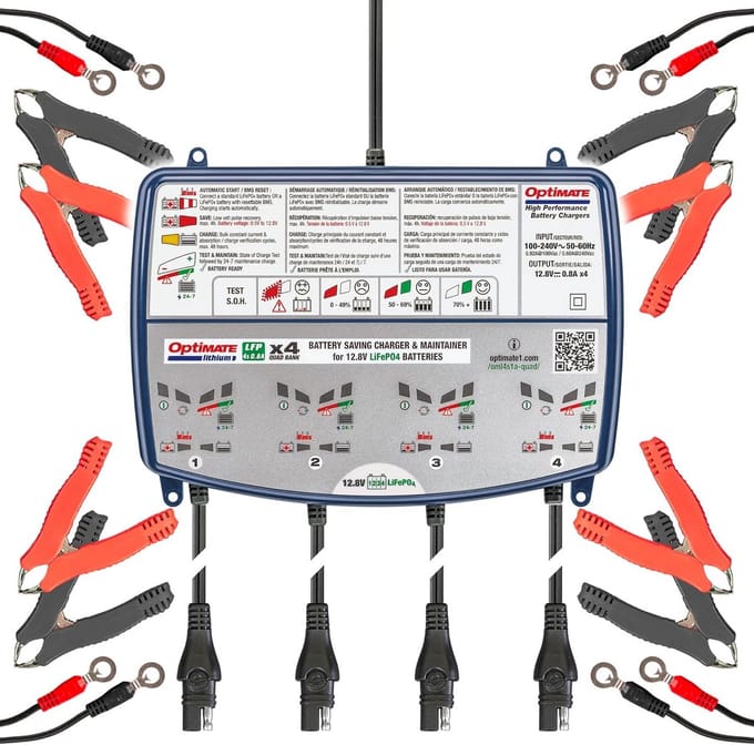 Accu Lader - Druppellader - Accu Onderhoud - 4 Accu's Tegelijk - 12.8V - Wit