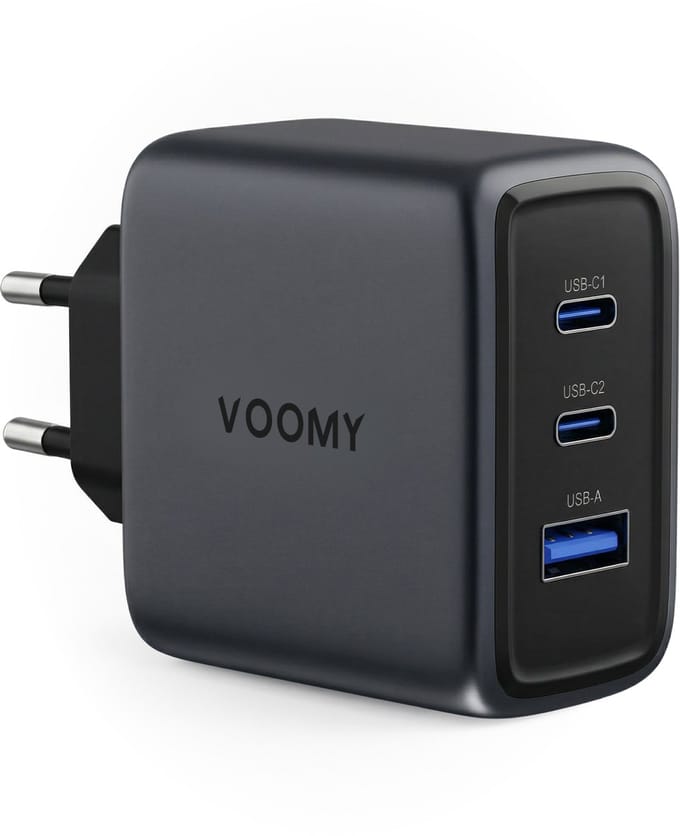 Voomy USB C Lader 65W - Oplader - Snellader - USB C Adapter - Universeel - 2 USB C & 1 USB A Poort - Geschikt voor Laptop, telefoon, tablets en meer - Space Grey