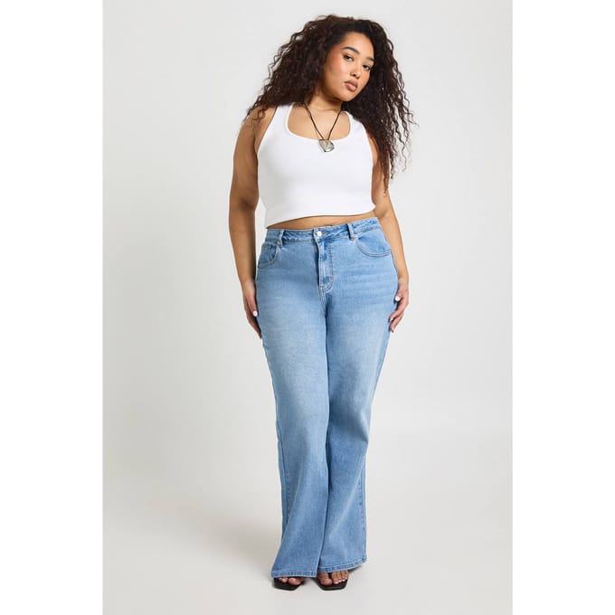 boohoo Dames The Plus Hoge Taille Wijduitlopende Jeans | Medium Blauw | Maat: 26/32L
