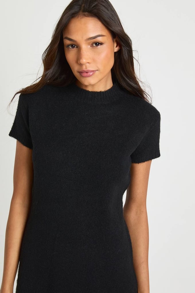boohoo Dames Lang Hoge Hals Korte Mouw Gebreide Mini-Jurk | Black | Maat: Small