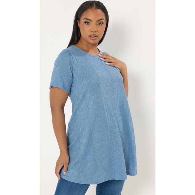 Yours Blauw Soft Touch Geribbelde Swing Tshirt Size 48