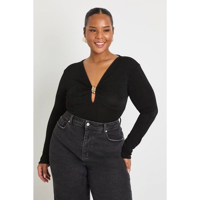 boohoo Dames Plus bodysuit met gouden afwerking en sleutelgat | Zwart | Maat: 52