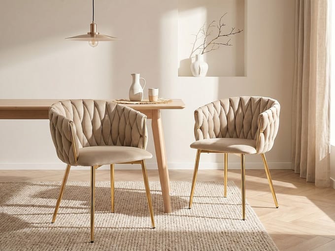 Vente-unique Set van 6 stoelen in fluweel en goudkleurig metaal - Beige - ELEGANO