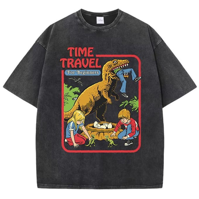 Stelen Dinosaurus Baby Gevangen Aangespoeld Retro Mannen T-shirts Katoen Casual Korte Mouw Mode Ademend Los Oversized T-shirt 2XL black