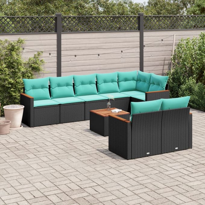 vidaXL - 9-delige - tuinbankset - met - kussens - van - zwart - polyrotan