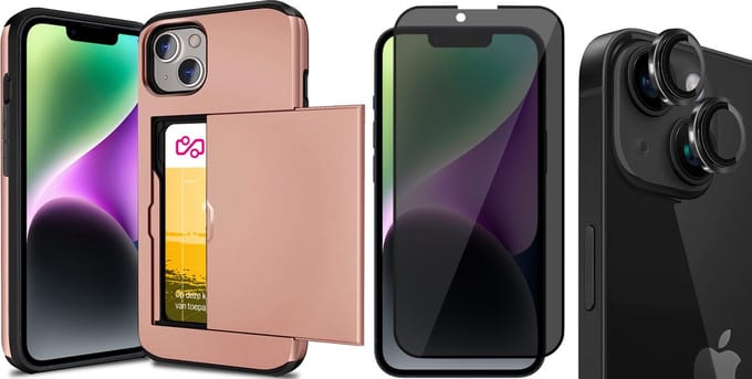 Hoesje met Pasjeshouder geschikt voor iPhone 15 Plus - Privacy Screenprotector FullGuard & Camera Lens Screen Protector Zwart - Back Cover SlideCase Roségoud