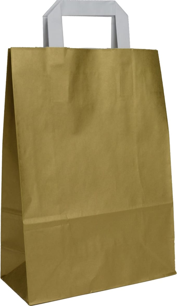 Draagtassen Papier Goud - 22 + 10 x 31 cm - Platte Handgrepen - 50 Stuks