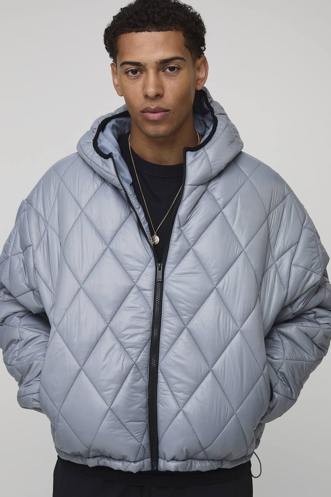Oversized Boxy High Sheen Diamond Quilted Hooded Funnel Puffer Jacket | Grey | Size Medium