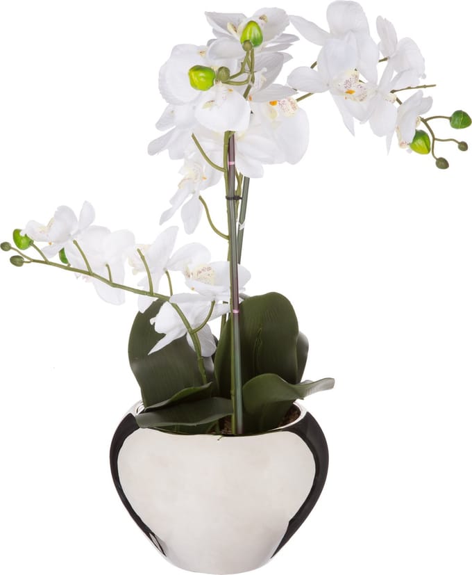 Atmosphera Orchidee bloem kunstplant - wit - H56 x B40 cm - in luxe zilveren pot