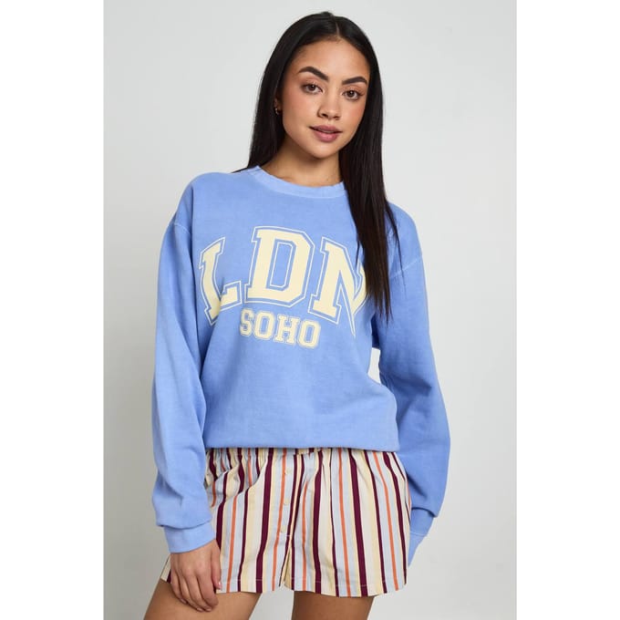 boohoo Dames Gewassen Londen Bedrukt Sweatshirt | Light Blue | Maat: Medium
