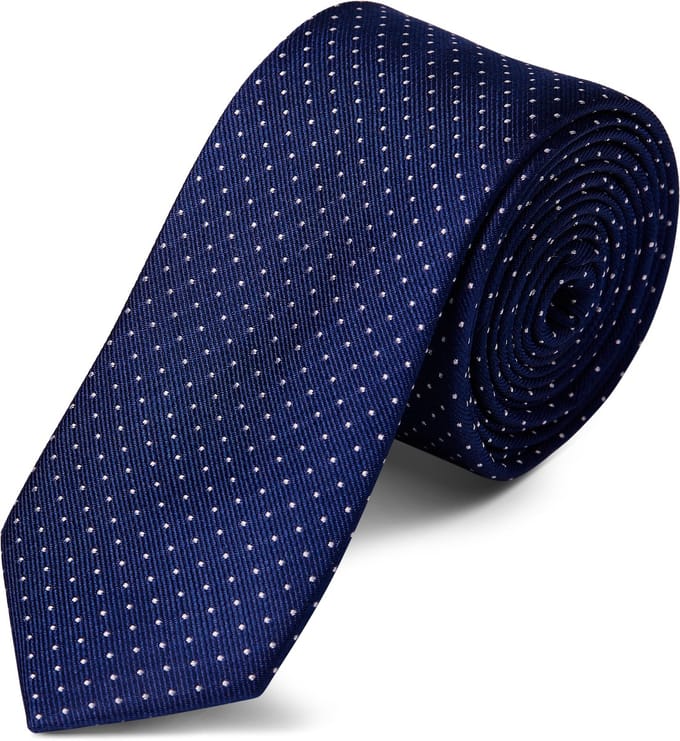 Marineblauwe 6 cm Brede Zijden Stropdas met Polkadotmotief