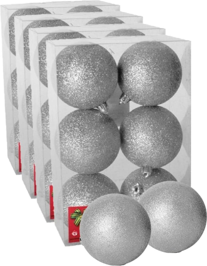Gerimport Kerstballen - 24x - zilver - kunststof - glitters - D8 cm - kerstversiering