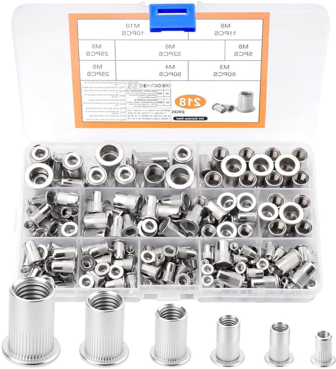Set van 218 Rvs Rivet Nuts M3, M4, M5, M6, M8, M10 - Draadmoeren, Persmoeren en Inschroefmoeren voor Diverse Toepassingen