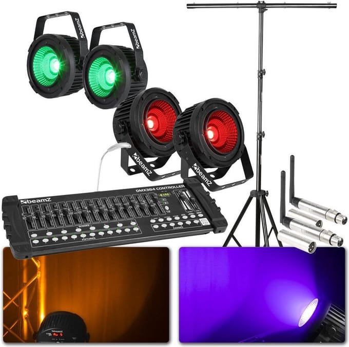 BeamZ lichtset met DMX controller, draadloze DMX en 4 krachtige BeamZ COB50 spots + standaard