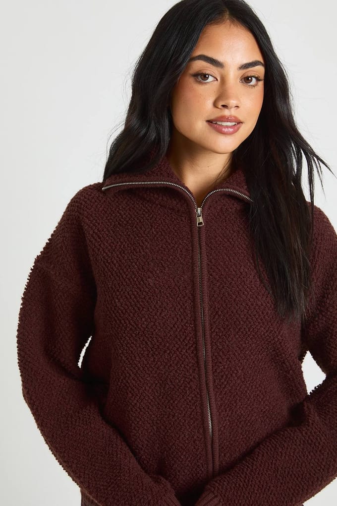boohoo Dames Chunky boucle gebreide trui met ritssluiting | Chocolate | Maat: Small